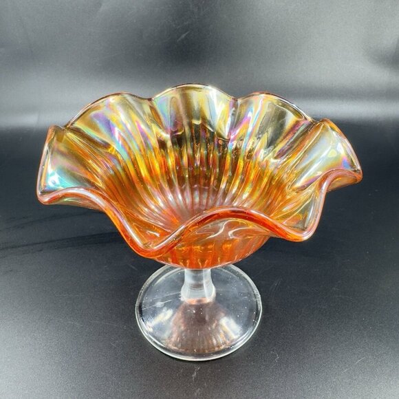 VTG Marigold Carnival Glass Iridescent Ruffled Pedestal Compote Footed Dish Bowl - Picture 13 of 14